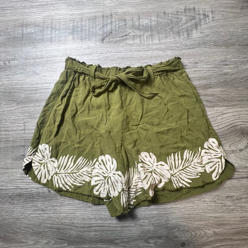 Women'secret Shorts Womens Small Green Tropical Leaf Paperbag Waist Tie Summer